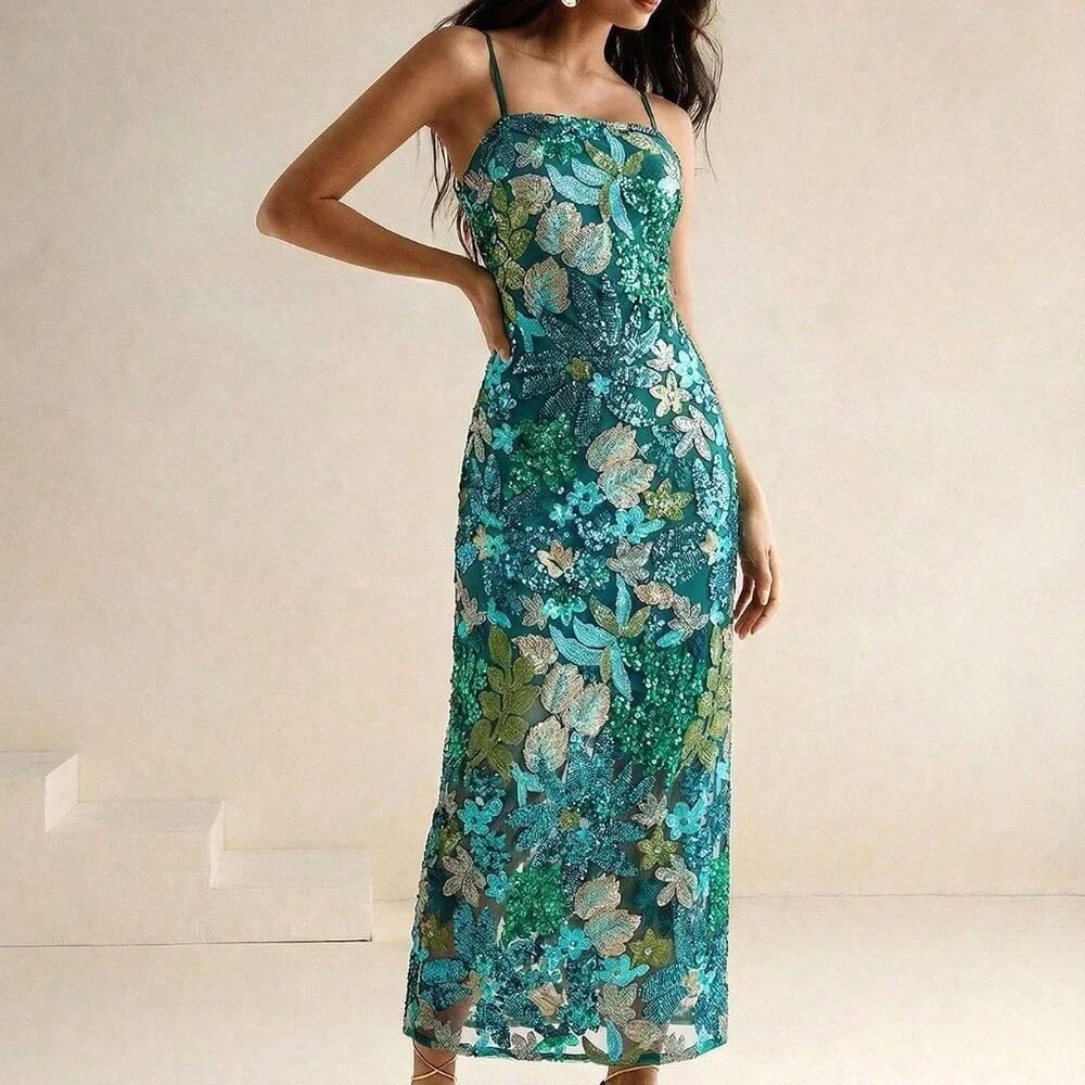 Green Boho Women's Elegant Colorful Printed Beaded Maxi Strapless Dress - Picture 3 of 8
